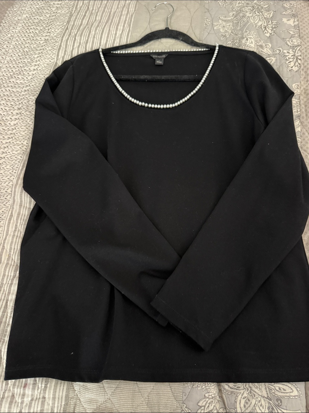 Ann Taylor Black Top with Pearl Neckline Trim